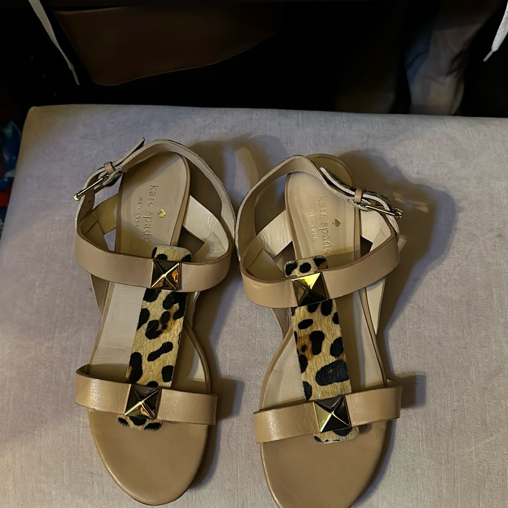 Kate Spade real calf fur leopard print gold accented sandals